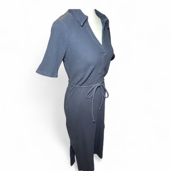 Boden Navy Ribbed Jersey Midi Shirt Dress Belted Collared Short Sleeve Sz 6 - Picture 12 of 13